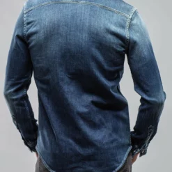 Roper Western Snap Shirt In Medium Dark Blue -Dune Shop axels premium denim roper western snap shirt in dark blue mens shirts axels vail 28561247731901