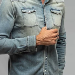 Roper Western Snap Shirt In Mid Blue -Dune Shop axels premium denim roper western snap shirt in mid blue mens shirts axels vail 37501957767402